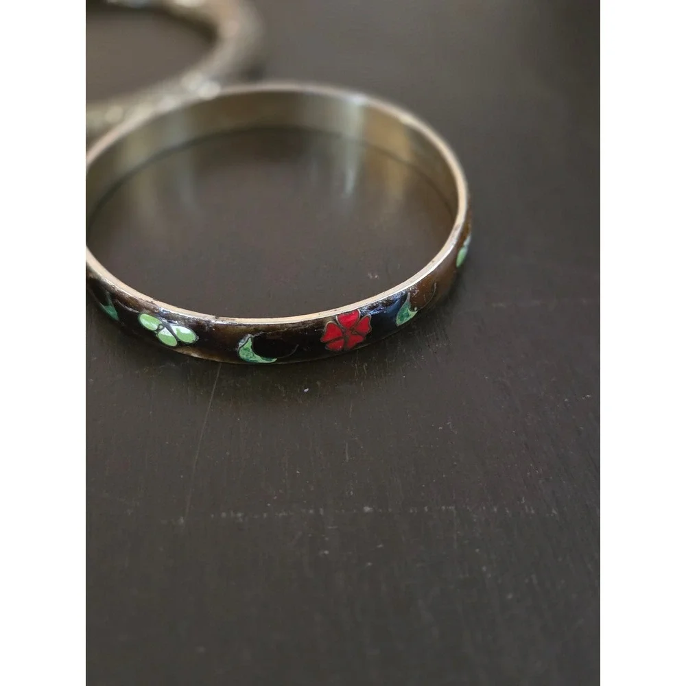 Vintage Cloisonné Enamel Butterfly Floral & Gold Tone Mesh Bangle Stack Set of 3